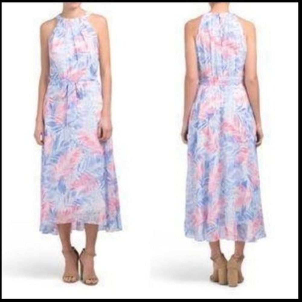 Nicole Miller New York Tie Neck Halter Maxi Dress Coral & Blue ~ 8 ~ $298, NEW!